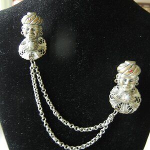VINTAGE Blackamoor Victorian Chatelaine Silver Sweater Brooch Jewelry Lapel Pin